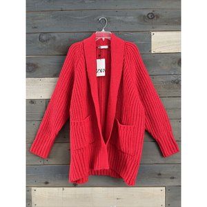 Zara Purl Knit Shawl Collar Chunky Cardigan Red